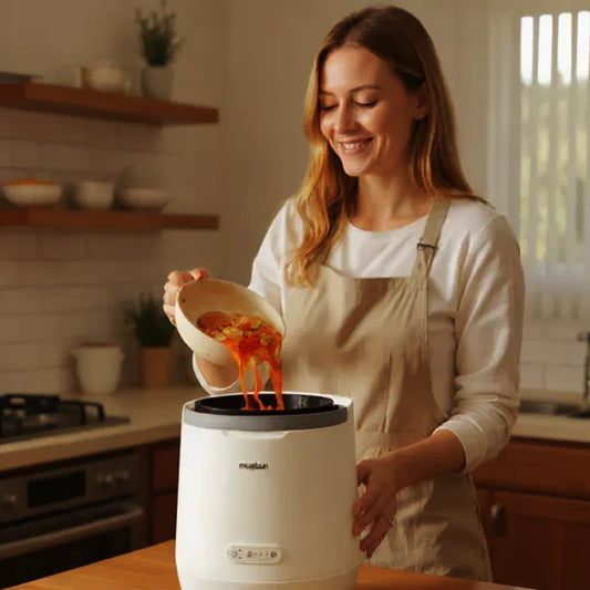 A person in a kitchen wearing an apron pours orange food scraps into a white Moreborn MB4 countertop compost machine, with shelves and plants in the background.