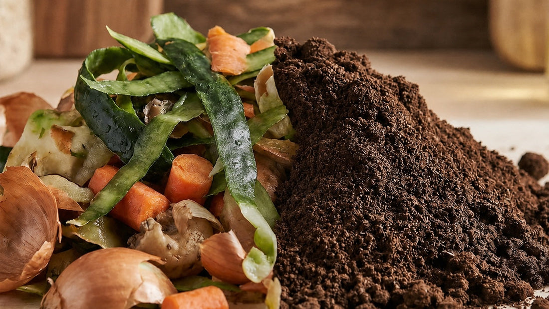 Kitchen food scraps beside processed brown material for method comparison