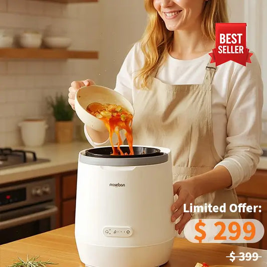 Woman in a kitchen pouring food into a white appliance with a 'Best Seller' label and price tag.