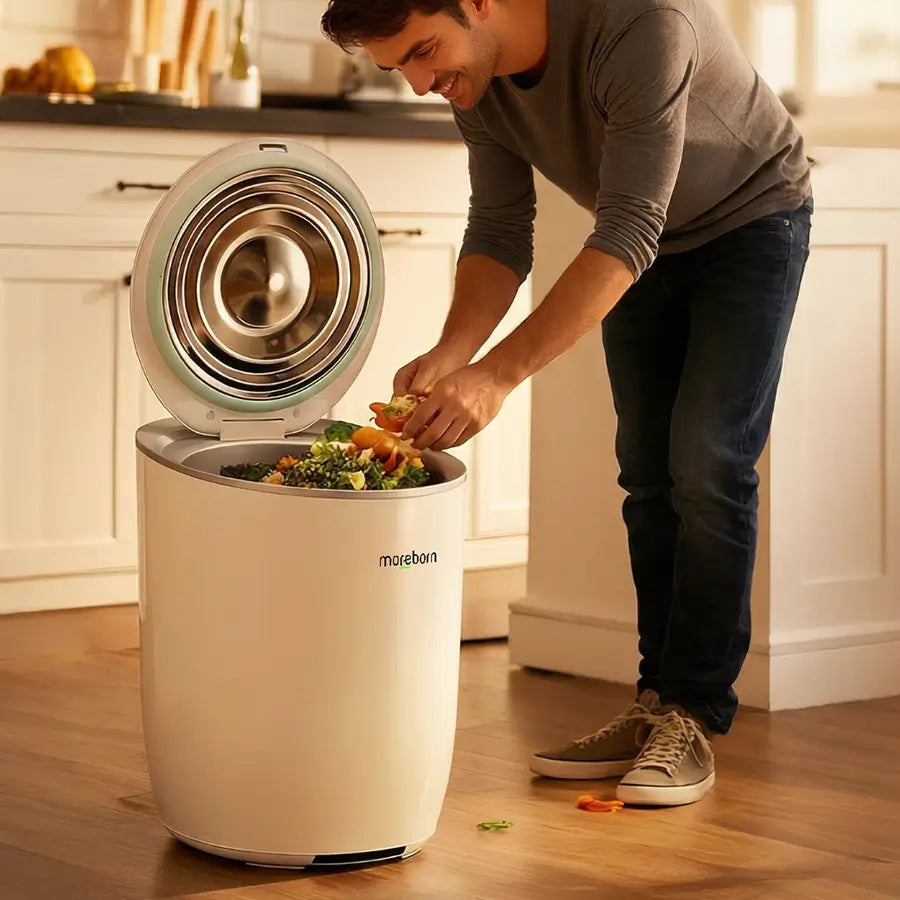 A user easily disposing of organic food waste into the Moreborn indoor composter.
