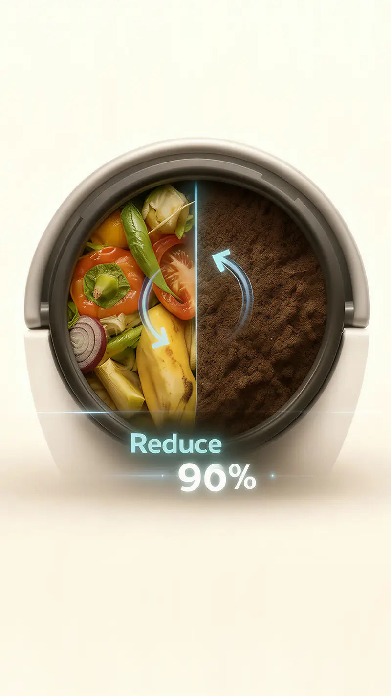 Mb4 electric composter performance: 90% volume reduction diagram comparing fresh kitchen scraps to processed nutrient-rich soil.