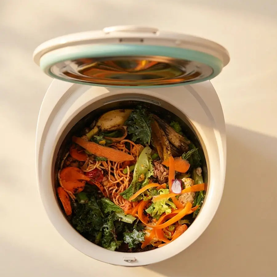 Top view of organic food scraps inside the Moreborn MB12 stainless steel bucket.