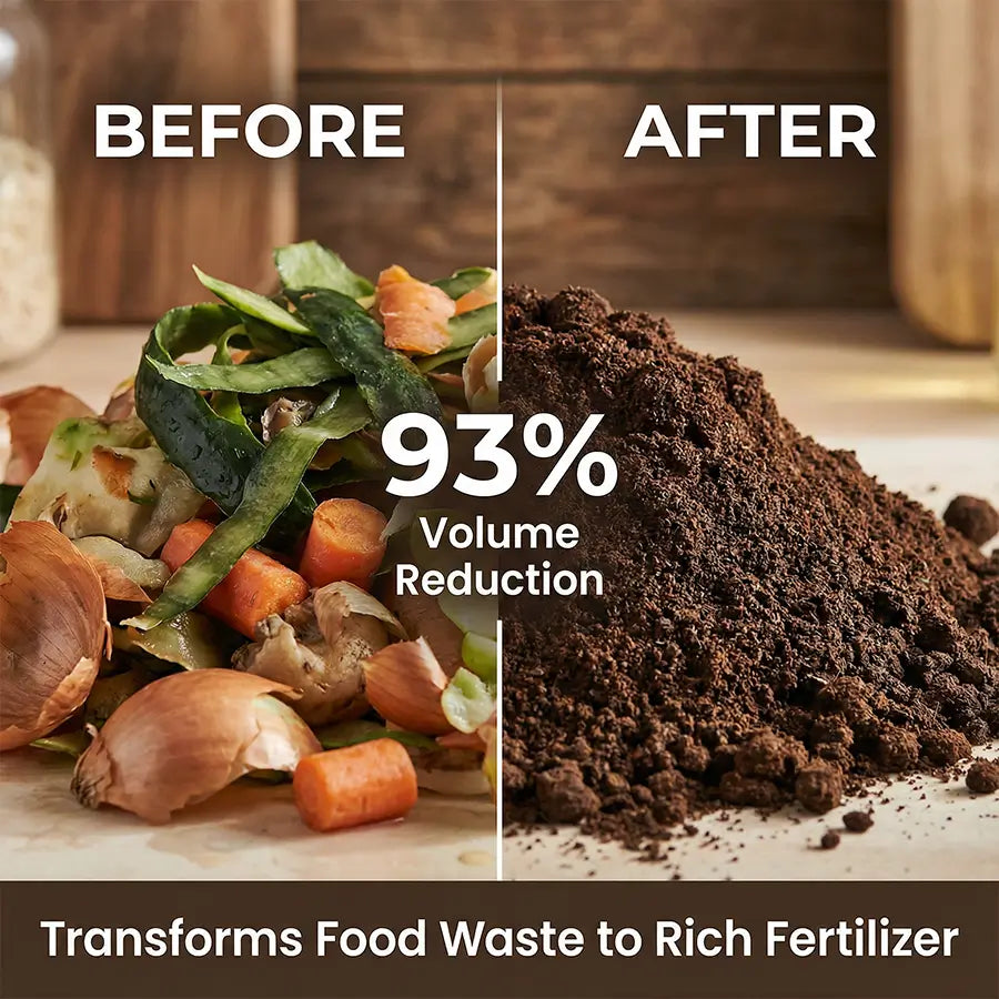 Comparison showing 93% volume reduction from food waste to rich fertilizer.