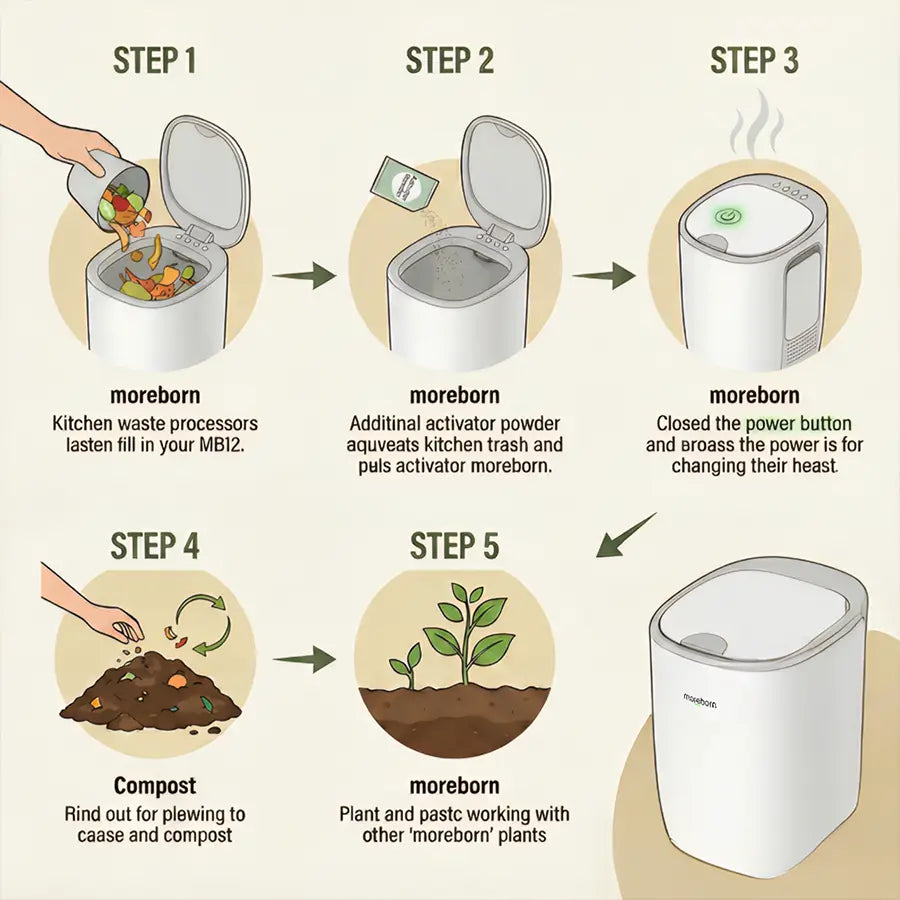 5-step infographic guide on how to transform kitchen waste with Moreborn.