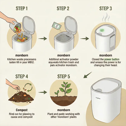 5-step infographic guide on how to transform kitchen waste with Moreborn.
