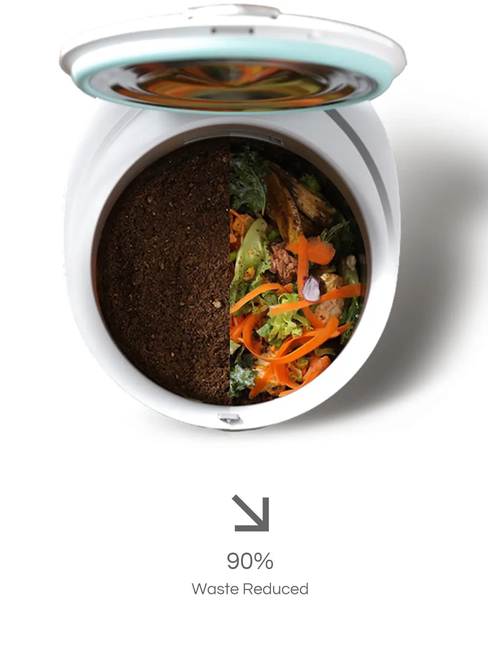 Top view comparison of the MB12 smart composter showing a 90% reduction in volume from raw kitchen food waste to dry nutrient-rich fertilizer.