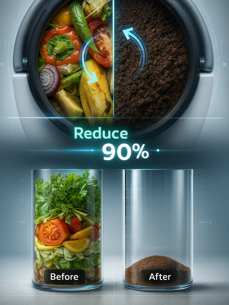 Mb4 electric food waste recycler efficiency: transforming a full container of kitchen scraps into a small amount of concentrated organic fertilizer, reducing waste volume by 90%.