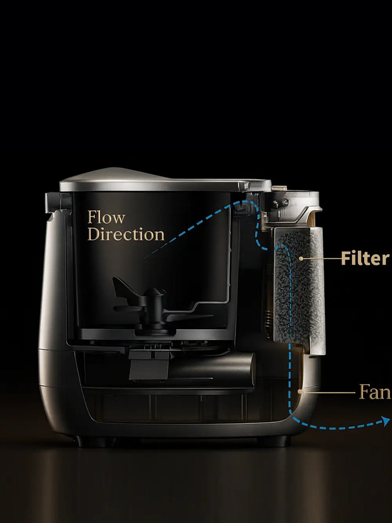 nternal structure of Mb4 food recycler featuring a dual filtration and fan cooling system designed for a 100% odorless kitchen waste processing experience.