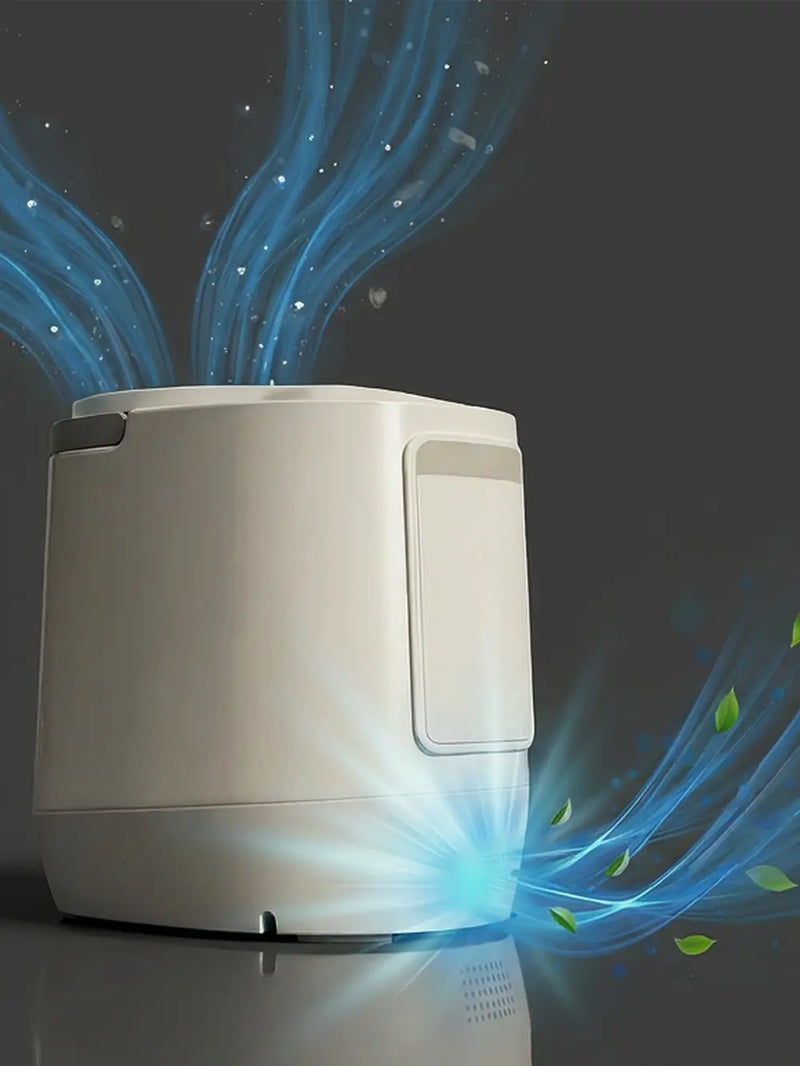 Visual diagram of the Mb4 smart composter showing fresh air entering through the top lid gaps and exiting through the bottom exhaust vent to maintain continuous air exchange.