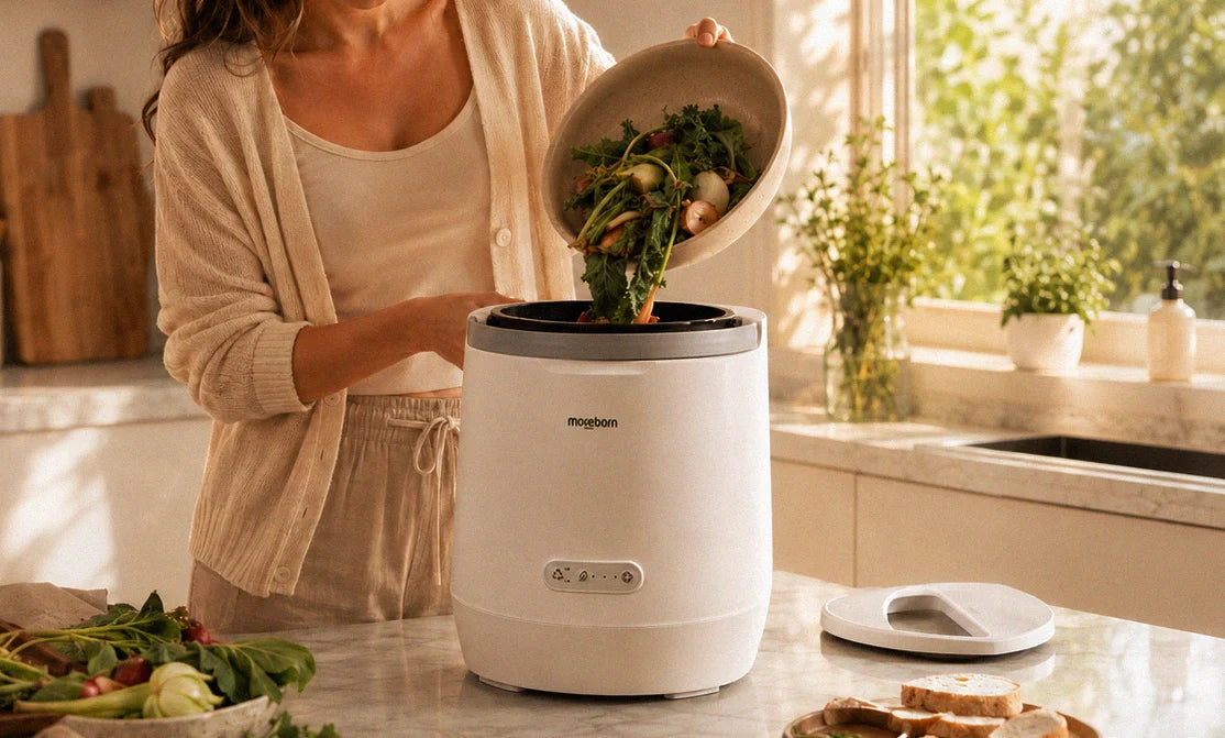 Moreborn MB4 electric food recycler in a home kitchen, with vegetable scraps being added for cleaner indoor food waste handling