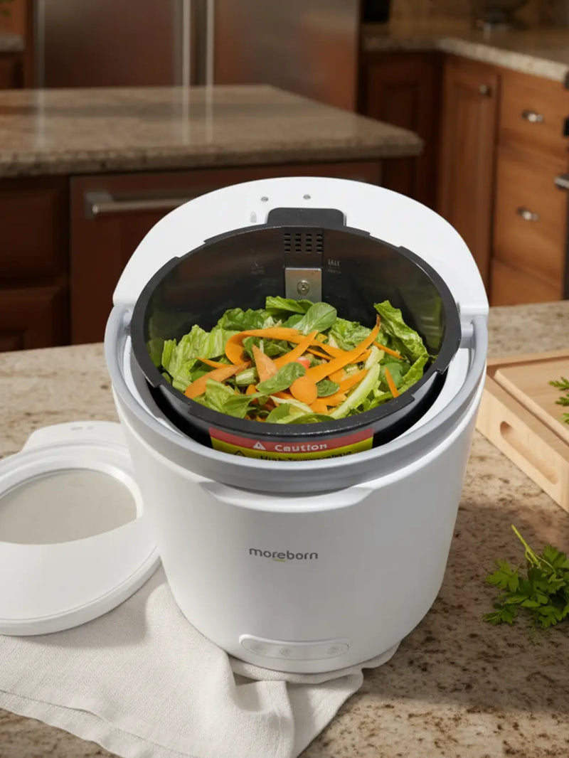 Mb4 smart composter in a modern kitchen setting, demonstrating how easily fresh food waste can be managed at home without messy trash cans.