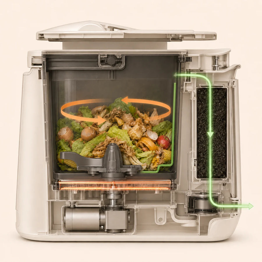MB4 kitchen food waste processor cutaway showing the inner bucket, grinding blade, fixed blade, heating plate, carbon filter box, fan assembly, and exhaust airflow path.