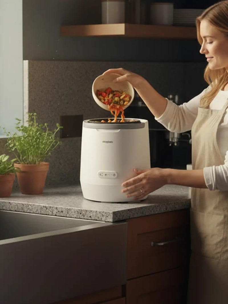 User interacting with the compact Mb4 composter, highlighting its safe and clean waste disposal process that fits perfectly into a busy household environment.