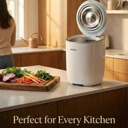 Sleek Moreborn food waste processor sitting on a modern kitchen countertop.