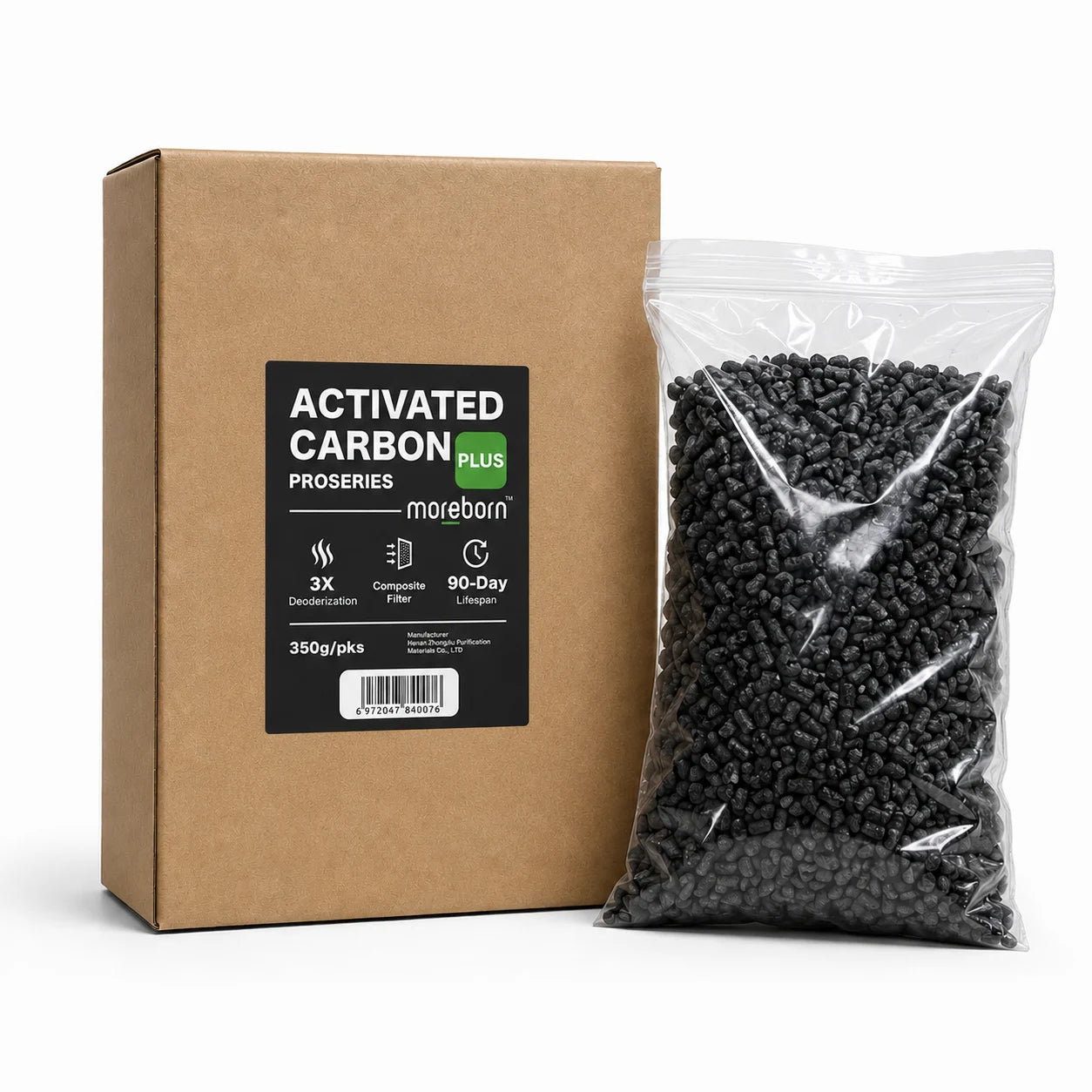 Moreborn Carbon Filter Refill Plus activated carbon pellets with package and refill bag