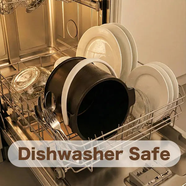 Moreborn composter inner bucket inside a dishwasher, labeled as dishwasher safe for easy cleaning.