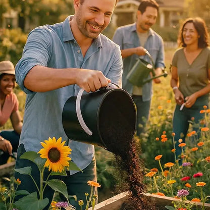 A man pouring nutrient-rich organic fertilizer produced by Moreborn composter into a garden bed to nourish sunflowers and plants.