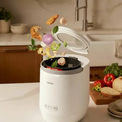 Creative visual of vegetable peels and eggshells flying into the Moreborn smart composter bucket.