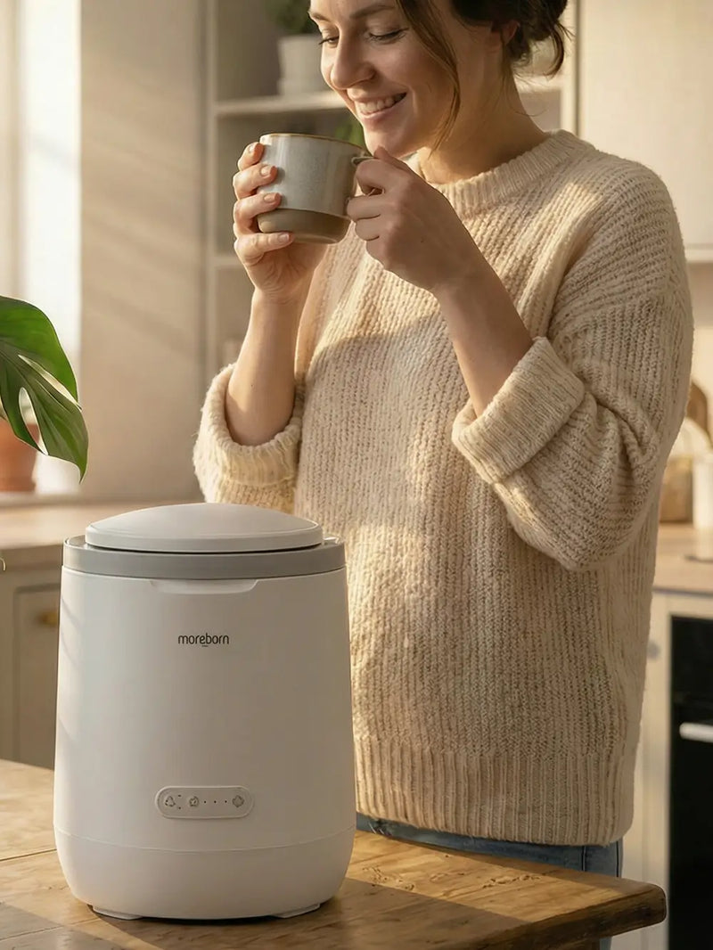 Top view of Moreborn MB4 food waste composter featuring a transparent window to monitor the composting process.