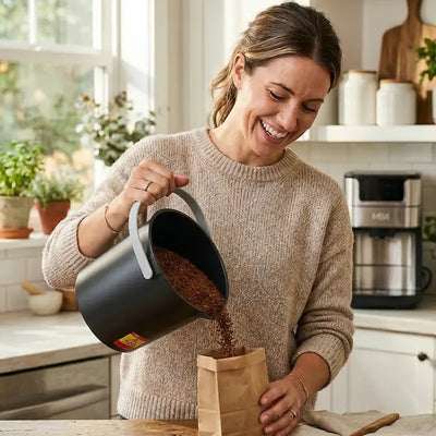 A woman pouring dry, odorless processed food waste granules from the Moreborn MB4 bucket into a paper bag.