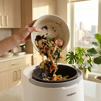 A person pouring organic food waste and eggshells into the Moreborn MB4 food waste recycler in a modern bright kitchen.