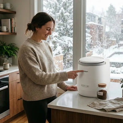 A woman smiling while using the Moreborn MB4 kitchen composter during winter with a snowy view through the window