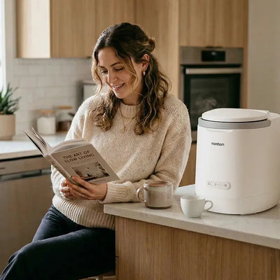 A woman reading a book peacefully next to a quiet Moreborn MB4 food recycler on a kitchen countertop.