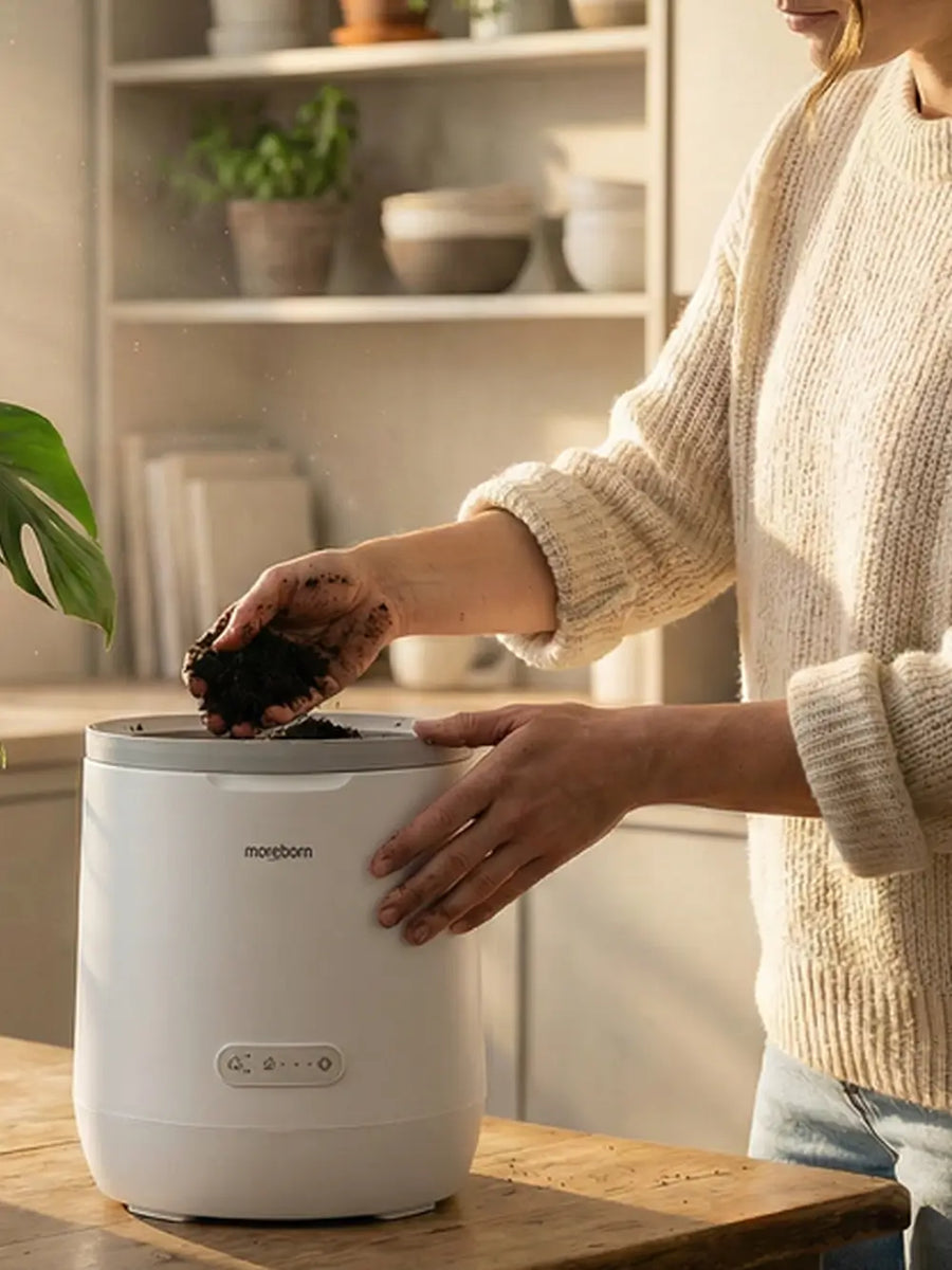 A YouTuber unboxing the Moreborn MB4 food waste composter with a box of active carbon filters for odor control.