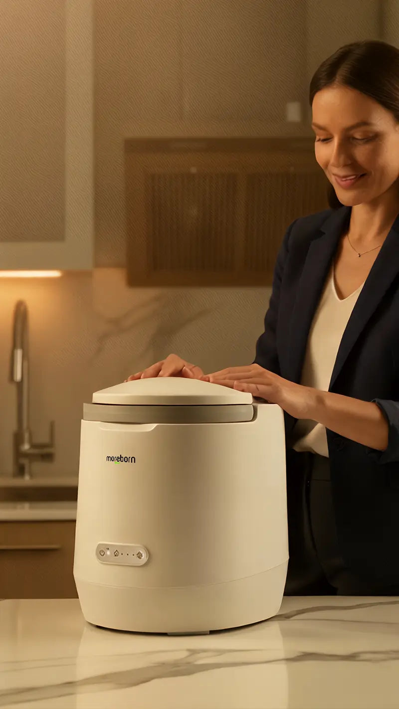 Experience elegant waste management with Moreborn Mb4: a woman demonstrating the clean and hands-free nature of converting kitchen scraps into soil with just a single touch.