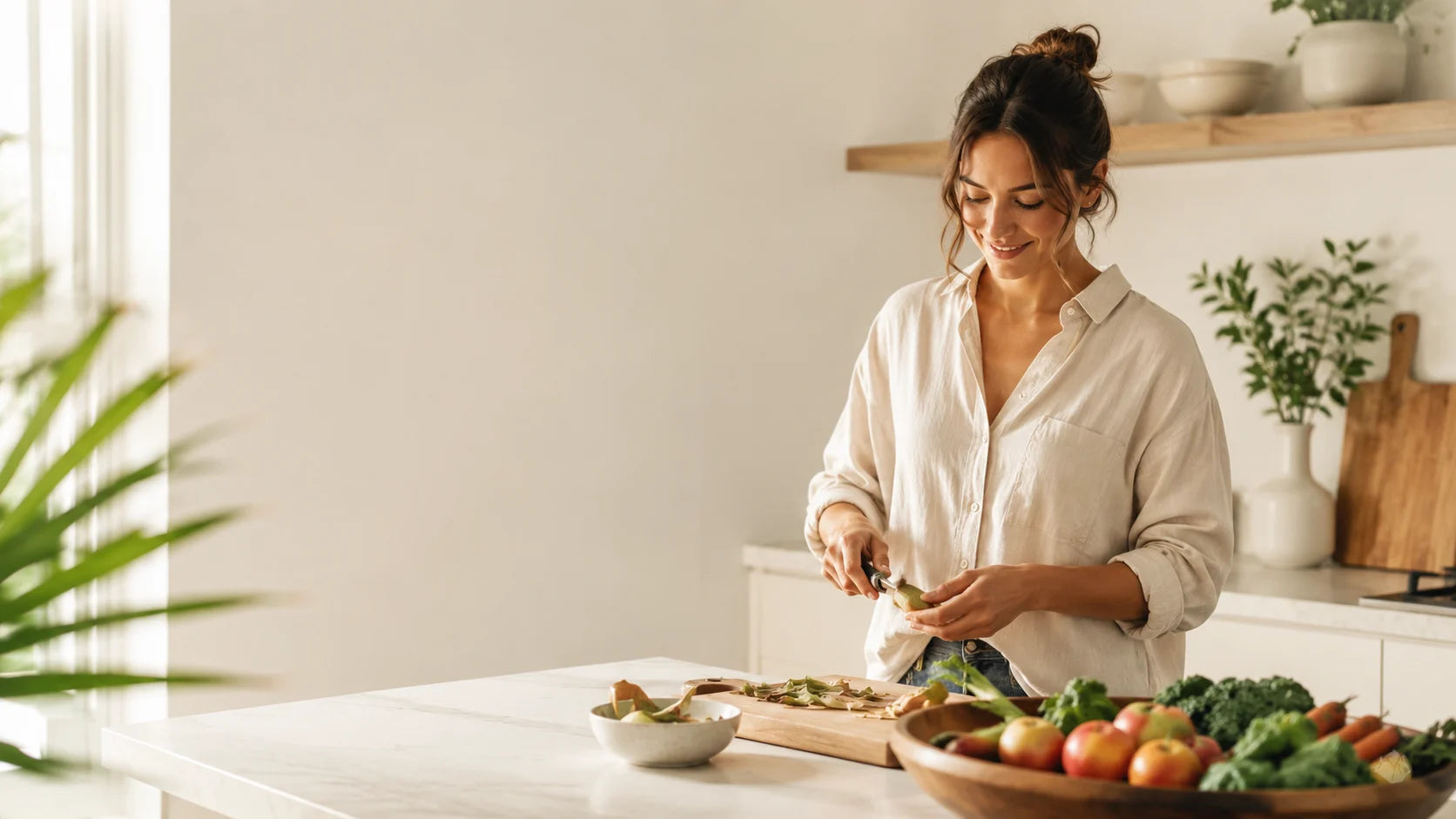 A bright, airy modern kitchen with a young woman preparing food scraps at a countertop. The kitchen is clean and minimal, sunlight streaming in, with fresh vegetables on a cutting board and in a bowl. The woman smiles gently, looking down as she peels or trims vegetables, creating a calm, fresh, and reassuring atmosphere. Generous negative space is left for text overlay.