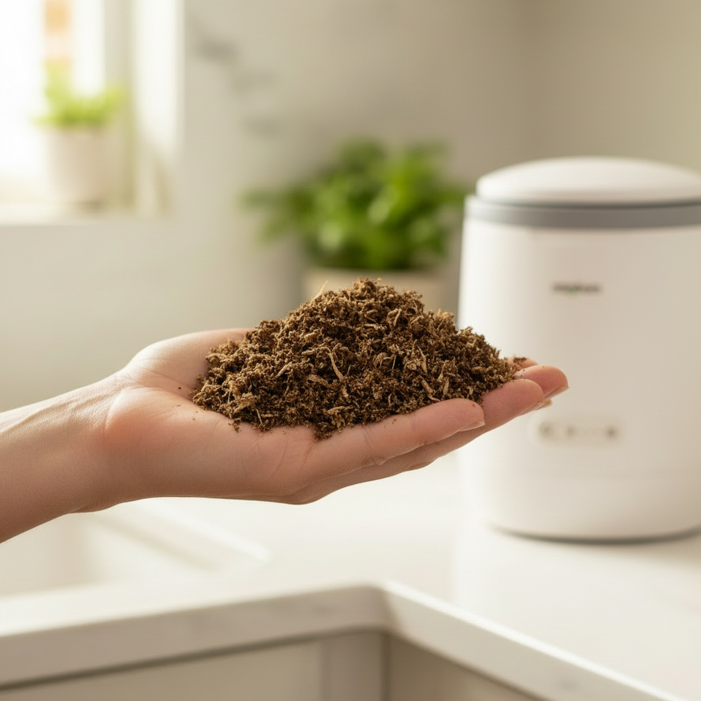 nutrient-rich soil-like Moreborn Grounds from processed food scraps